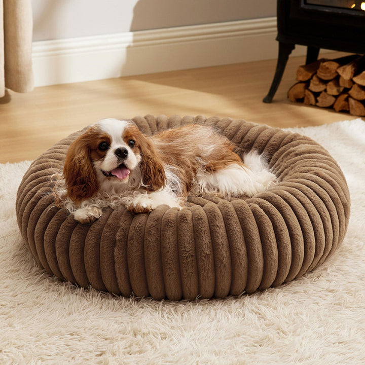 Plush Round Pet Bed Vertical Stripe Warm Sleeping Nest