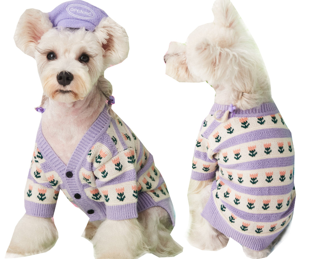 Purple Flower Pet Cardigan Sweater Warm Clothing